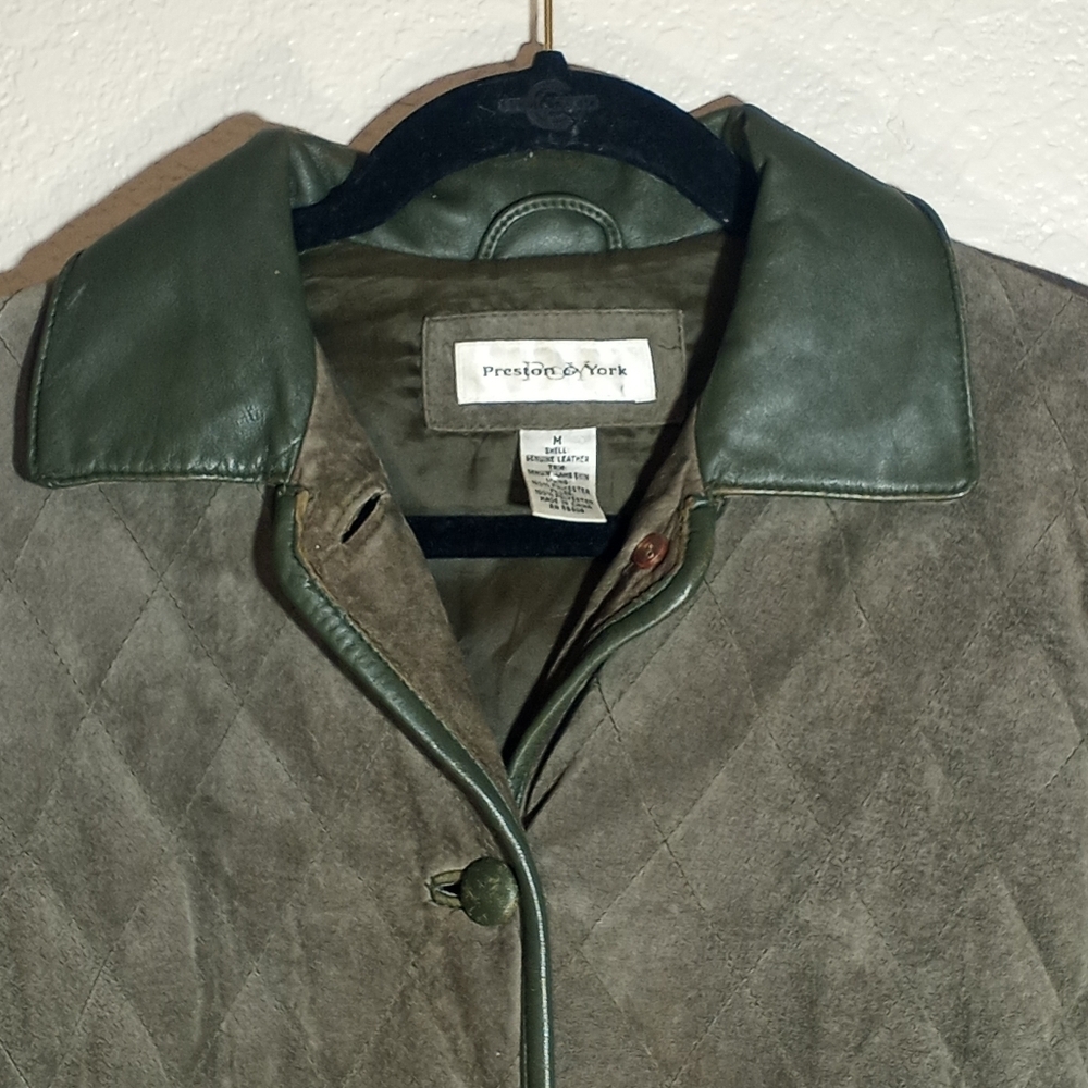 Vintage Preston And York Quilted Suede And Leather Trim Olive Green Chore Jacket - Picture 2 of 12